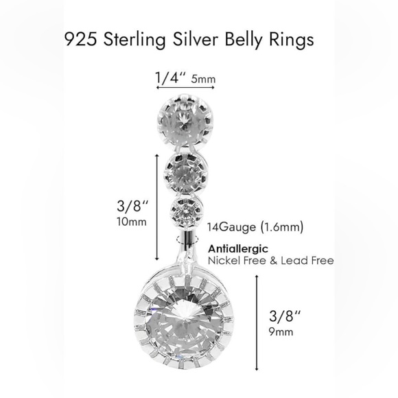 Sterling Silver Belly Button Rings, Real 925 Sterling Silver, 14G Sterling Silve - Picture 2 of 3